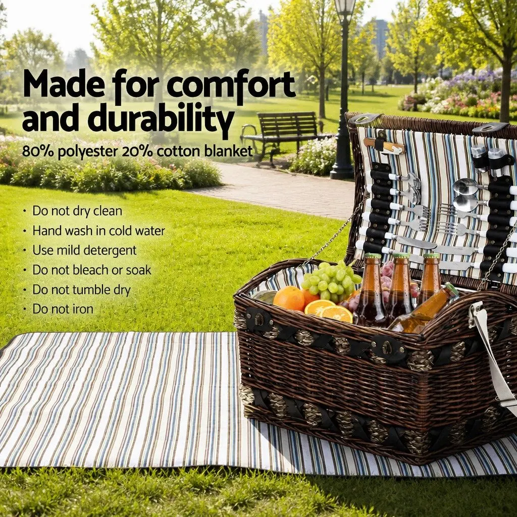 4 Person Picnic Basket Set Willow Wooden Insulated Cooler with Blanket and Dining Accessories