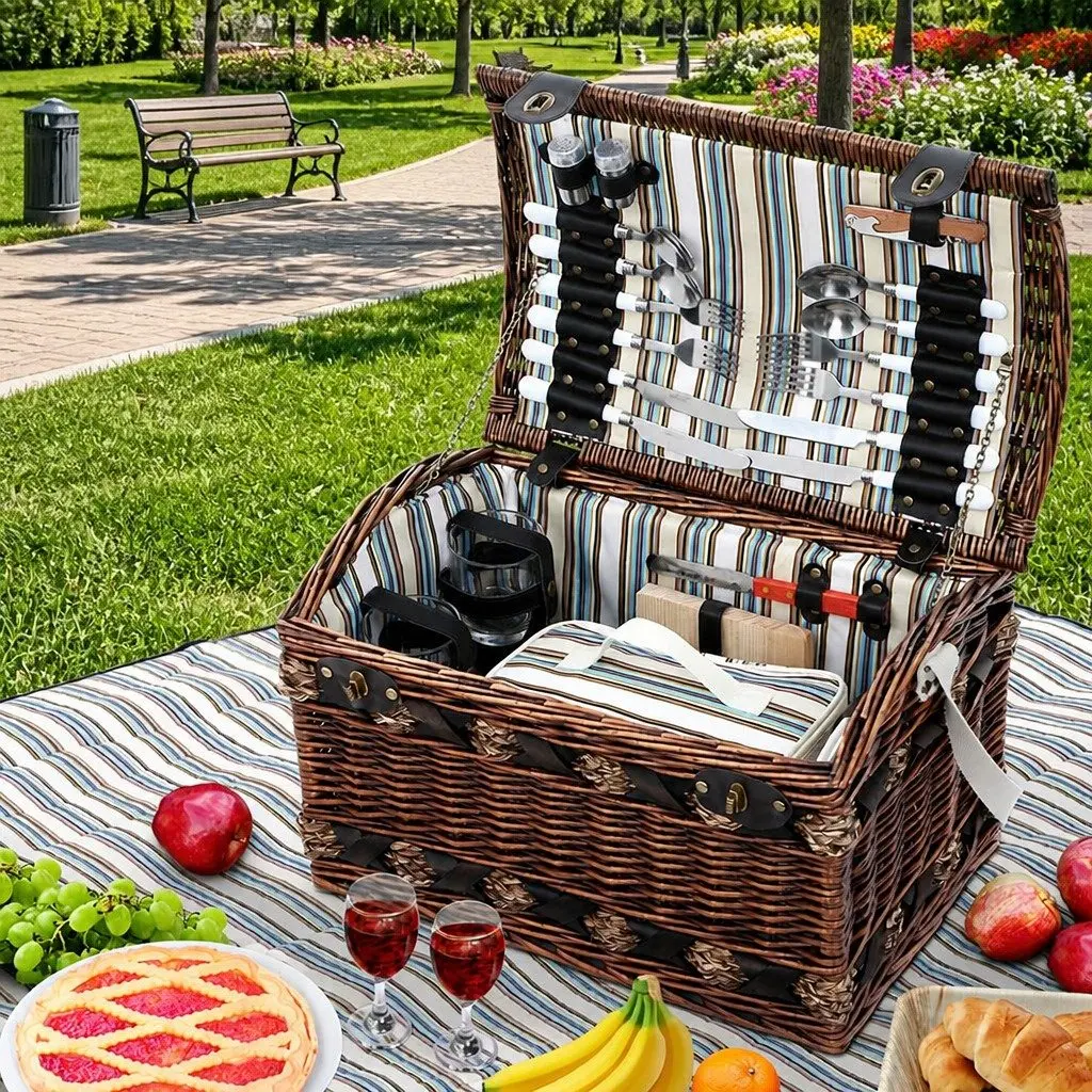 4 Person Picnic Basket Set Willow Wooden Insulated Cooler with Blanket and Dining Accessories