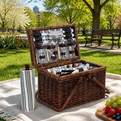 4 Person Picnic Basket Set Outdoor Insulated Liquor Bag Willow Folding Hamper