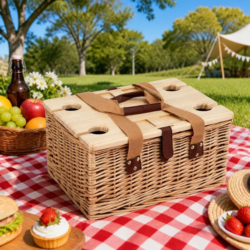 4 Person Picnic Basket Set Willow Cooler Blanket Wine Table Cutlery Outdoor