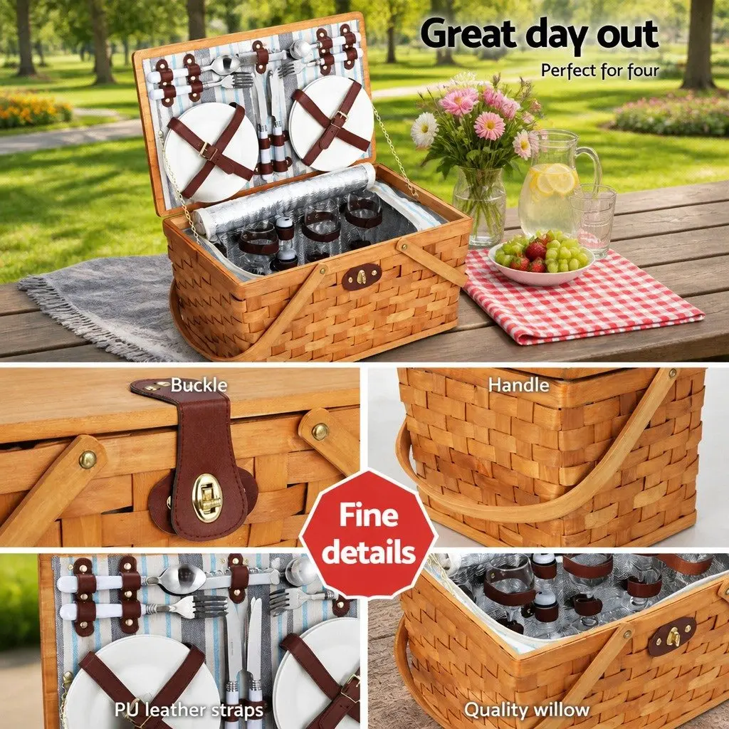 4 Person Picnic Basket Set Wooden Cooler Bag Insulated Blanket for Outdoor Family Gatherings