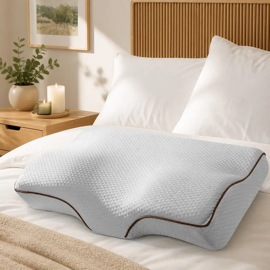 Memory Foam Pillow 60x35cm Ergonomic Butterfly Shape Neck Cervical Support Grey