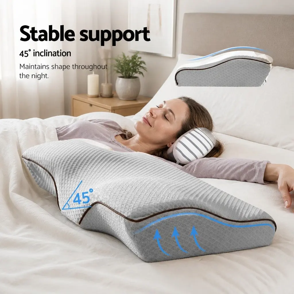 Memory Foam Pillow 60x35cm Ergonomic Butterfly Shape Neck Cervical Support Grey