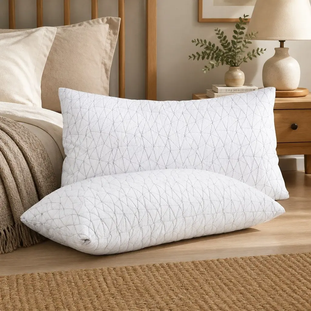 Memory Foam Pillow King Size Twin Pack Gel-Infused Shredded Foam White