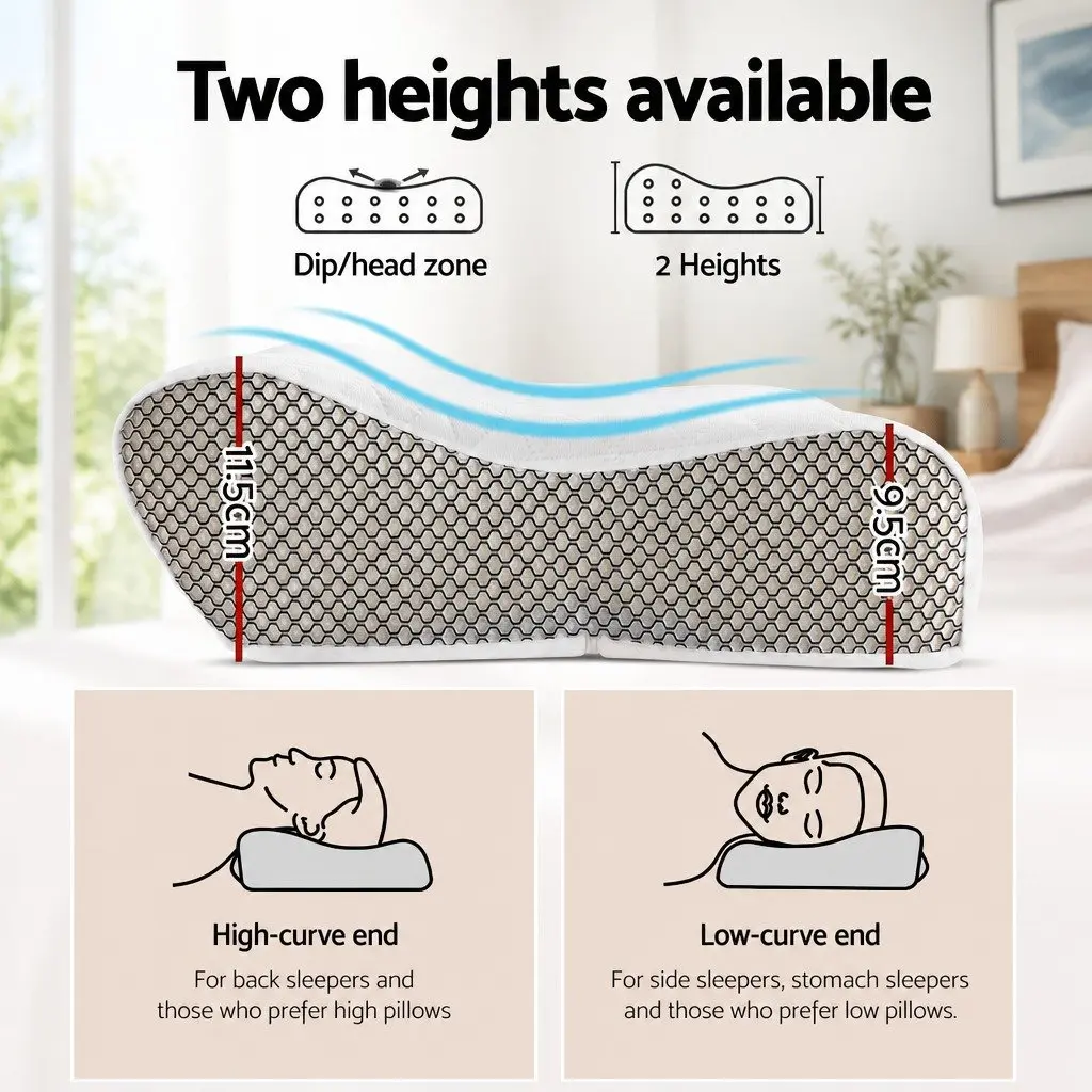 Memory Foam Pillow Contour Neck Support Ergonomic Design Two Heights White