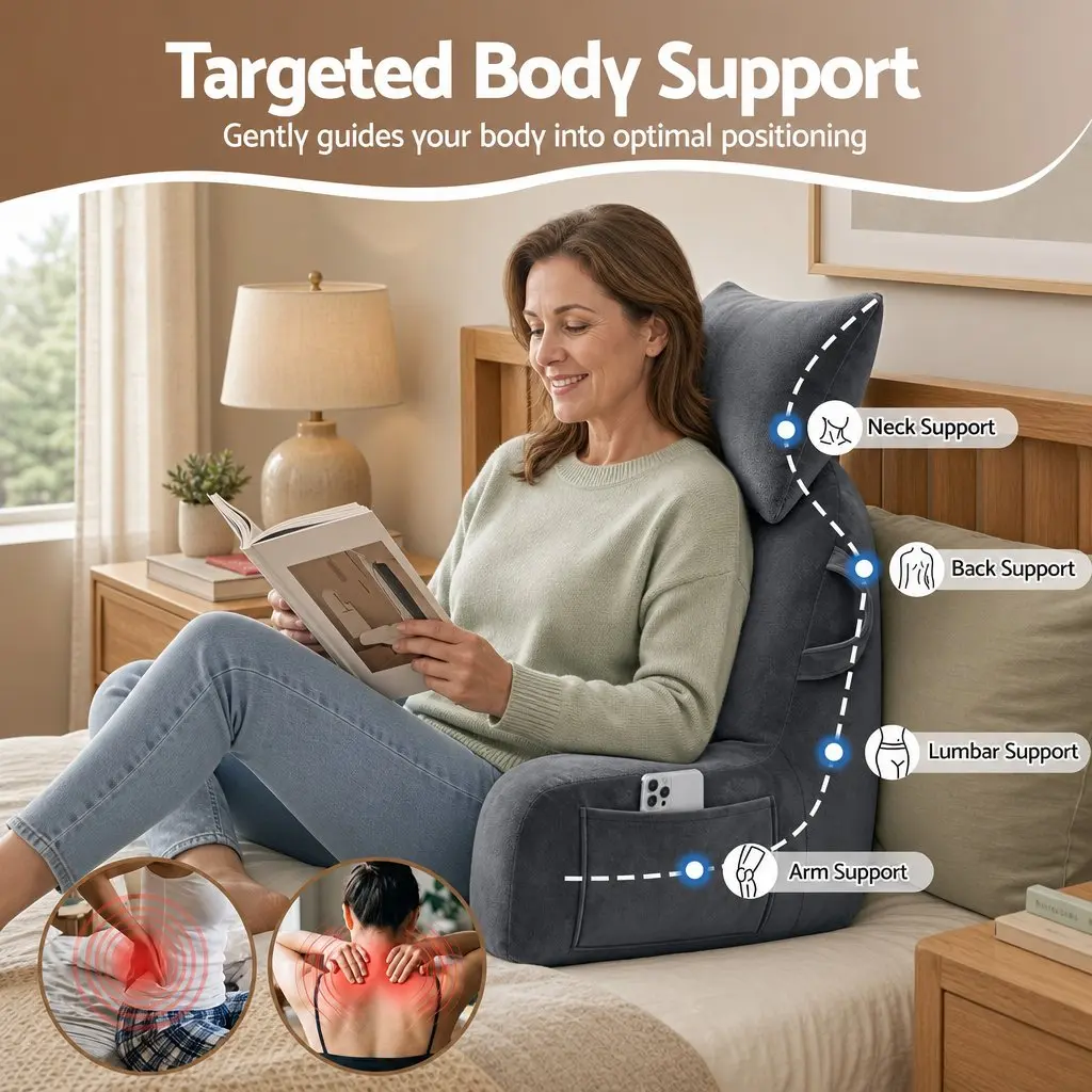 Reading Pillow Grey Wedge Shape Detachable Neck Roll Armrests Back Support