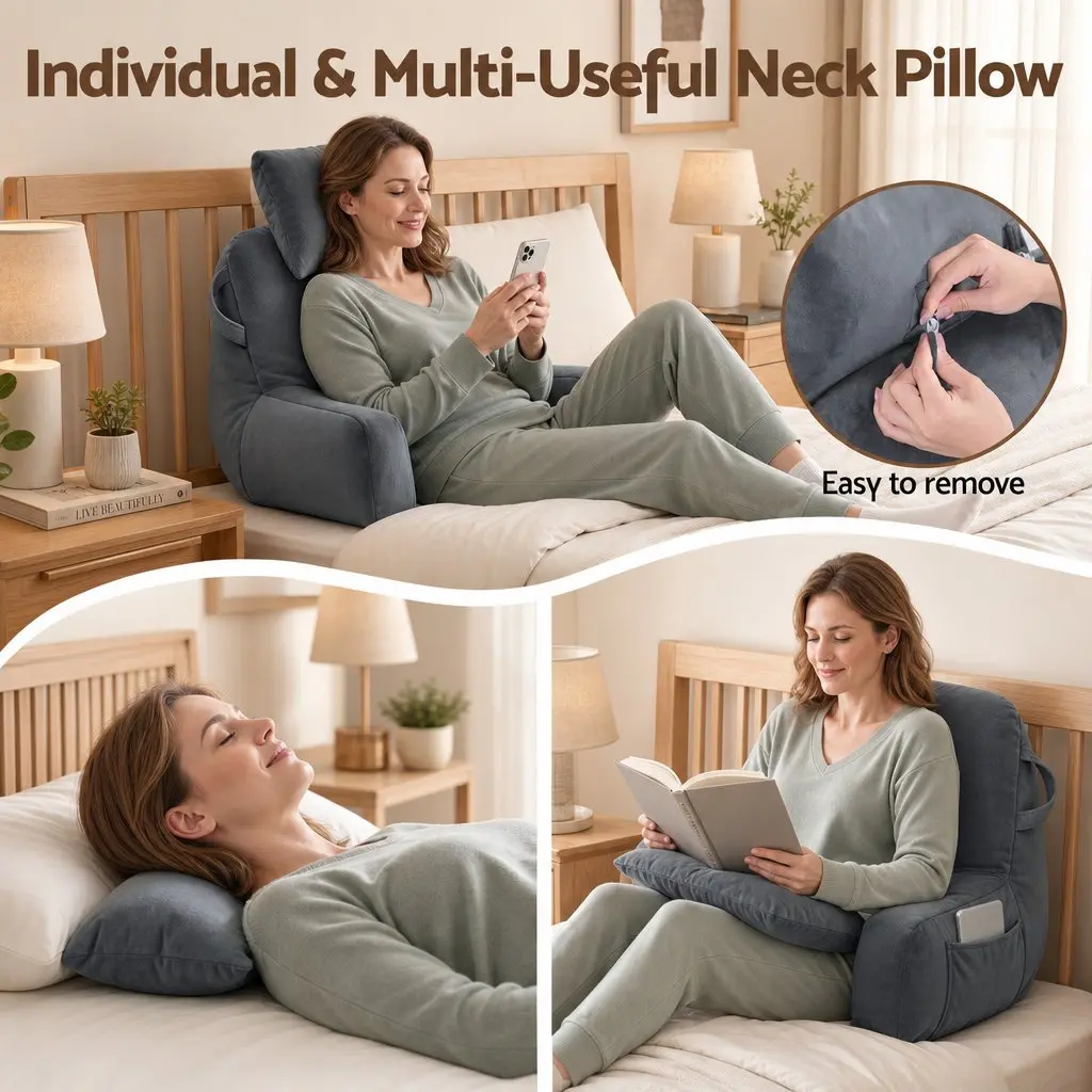 Reading Pillow Grey Wedge Shape Detachable Neck Roll Armrests Back Support