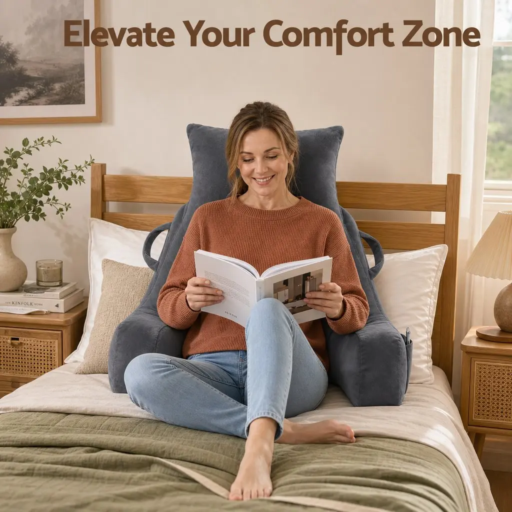 Reading Pillow Grey Wedge Shape Detachable Neck Roll Armrests Back Support