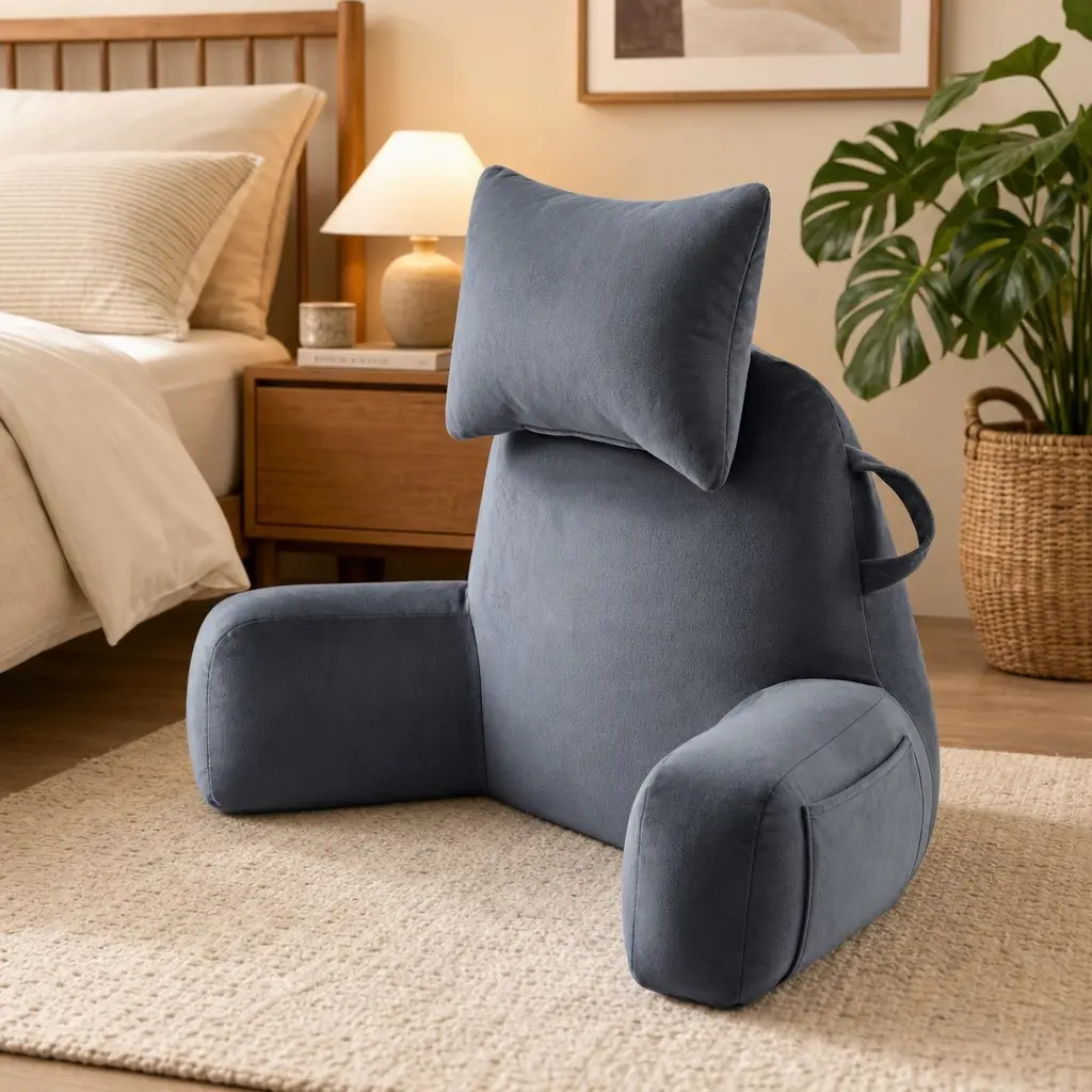 Reading Pillow Grey Wedge Shape Detachable Neck Roll Armrests Back Support