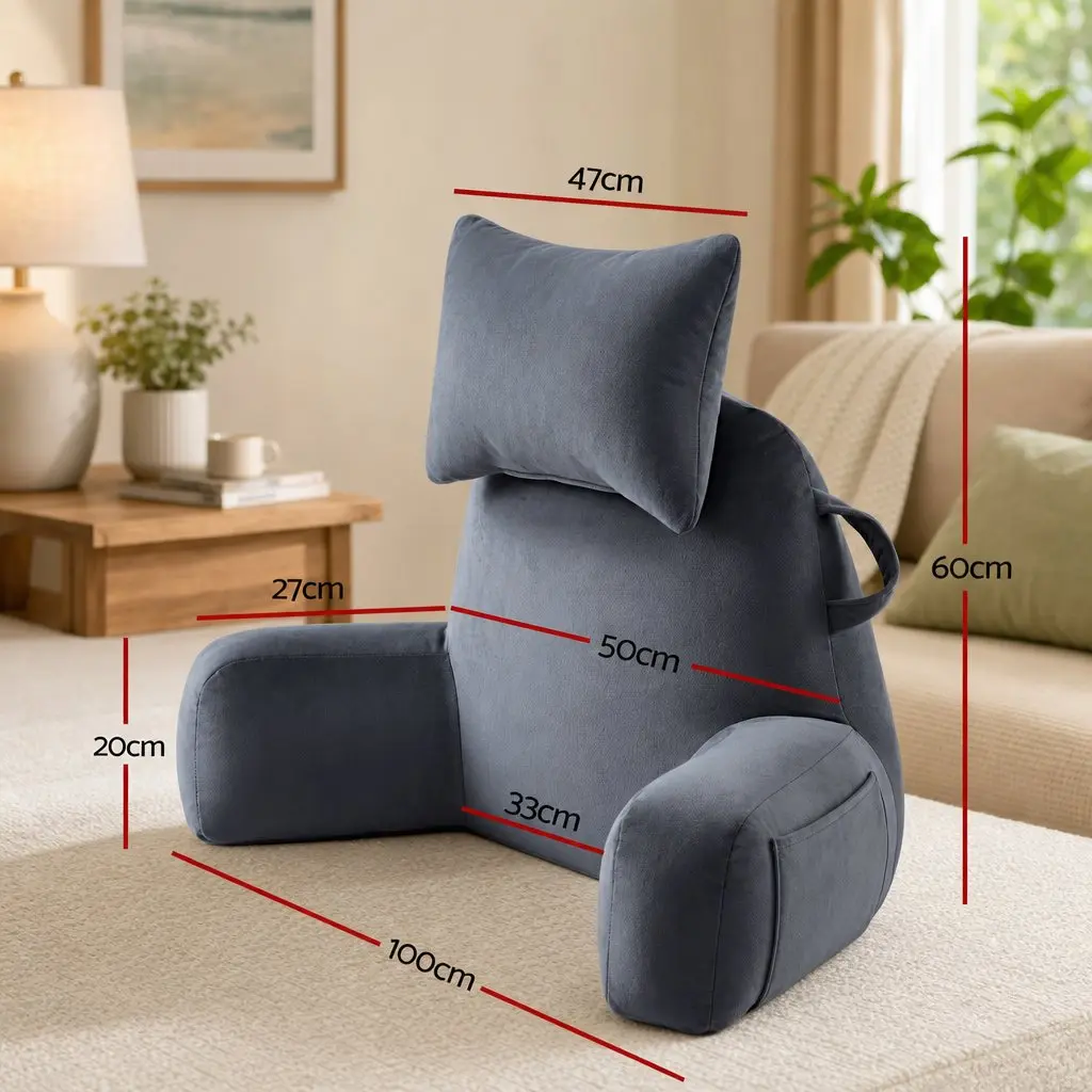 Reading Pillow Grey Wedge Shape Detachable Neck Roll Armrests Back Support