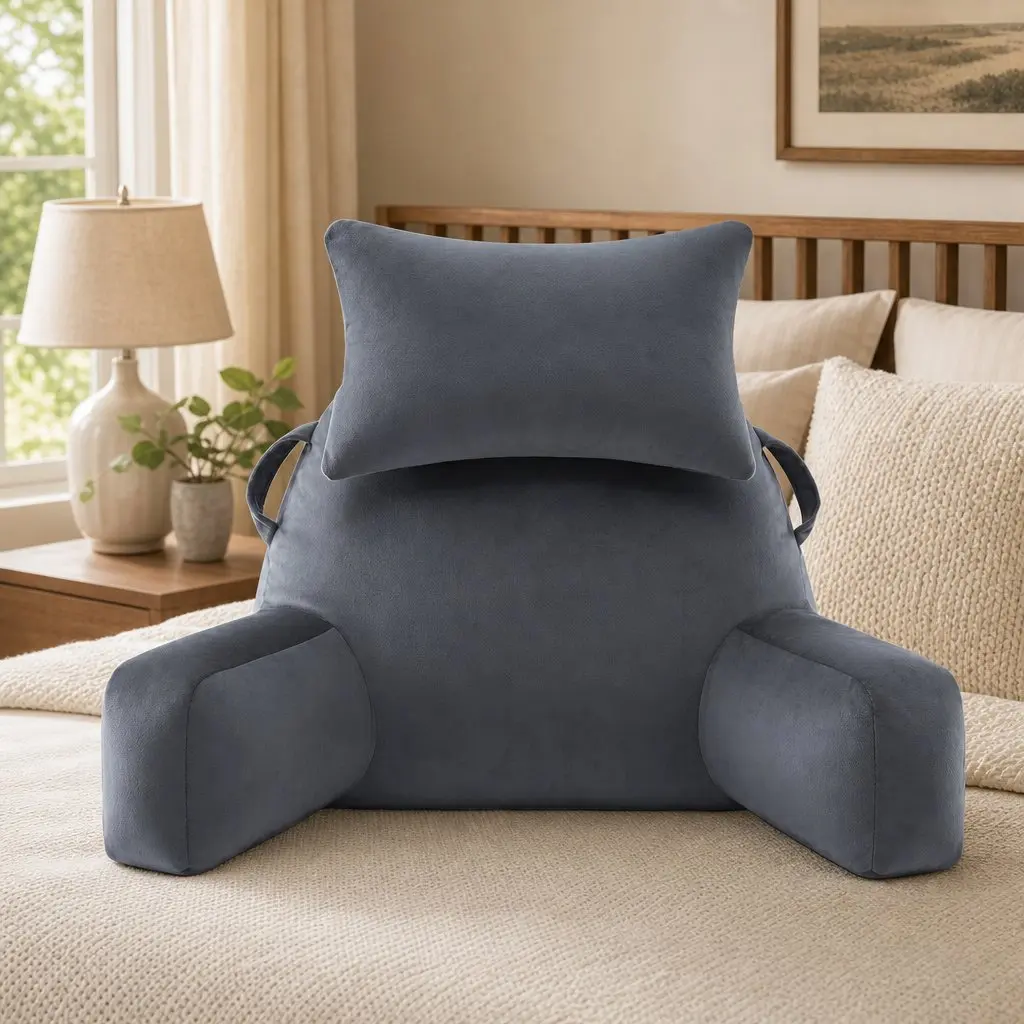 Reading Pillow Grey Wedge Shape Detachable Neck Roll Armrests Back Support