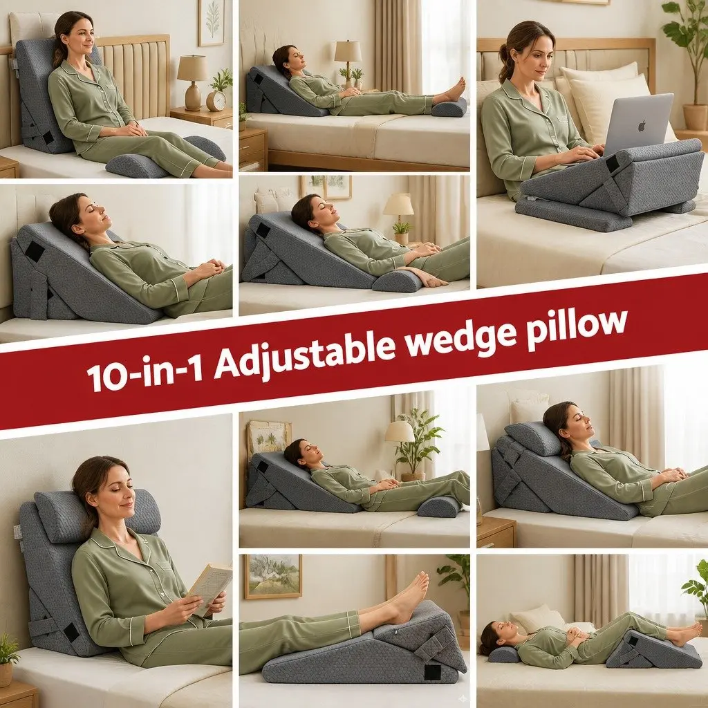 Adjustable Wedge Pillow Grey Multi-Piece Support for Back Neck Leg Comfort