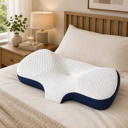 Memory Foam Pillow Neck Support Ergonomic Design Breathable Pillowcase Blue