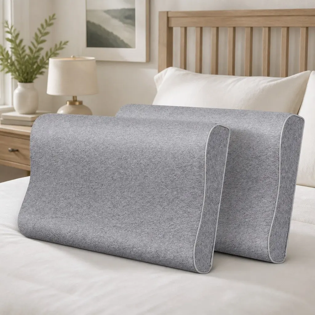Ergonomic Neck Support Memory Foam Pillow Pair 60cm x 35cm Bamboo Charcoal Grey Removable Case