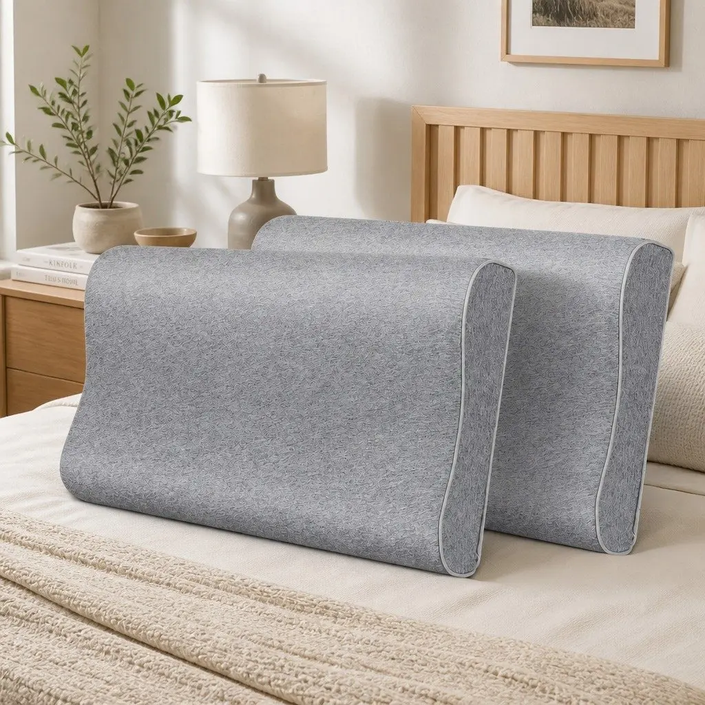 Ergonomic Neck Support Memory Foam Pillow Pair 60cm x 35cm Bamboo Charcoal Grey Removable Case
