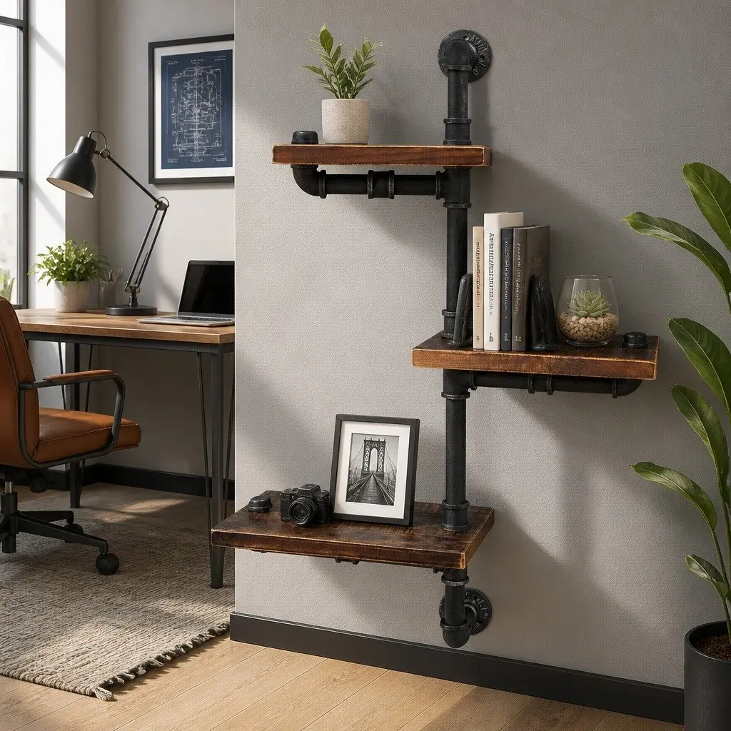 Rustic 3 Tier Floating Shelf Industrial Pipe Adjustable Wall Mount Metal Timber Brown