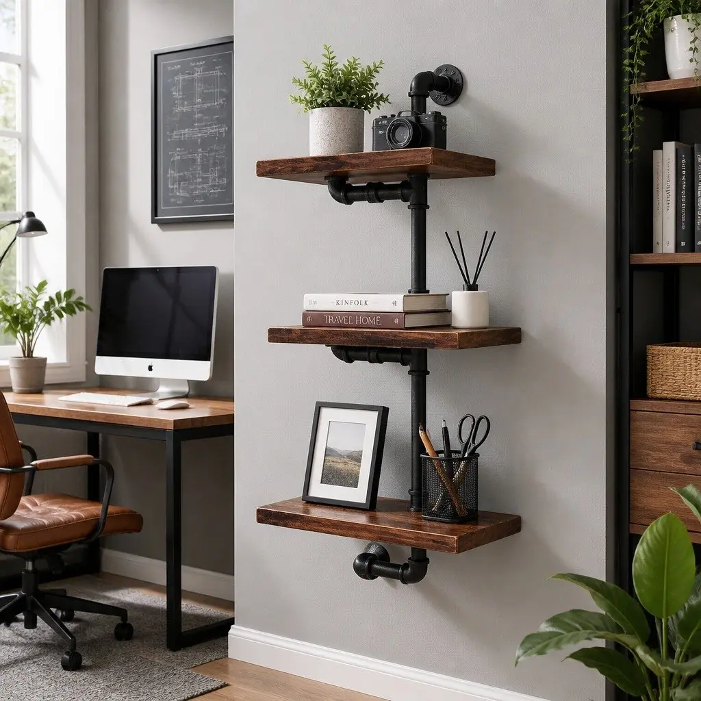 Rustic 3 Tier Floating Shelf Industrial Pipe Adjustable Wall Mount Metal Timber Brown