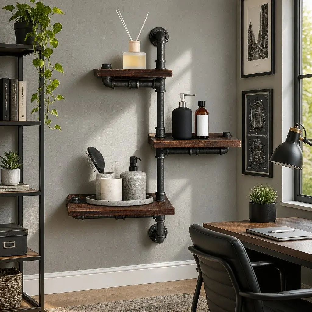 Rustic 3 Tier Floating Shelf Industrial Pipe Adjustable Wall Mount Metal Timber Brown