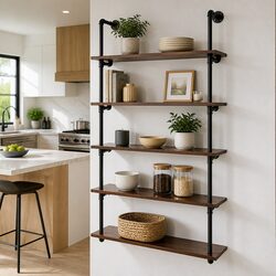 Industrial Pipe Shelf 5 Tier Floating Wall Mount Storage Shelving Unit Brown
