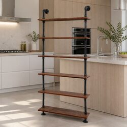 Industrial Pipe Shelf 6 Tier DIY Floating Storage Brown Wood Metal Shelving Unit