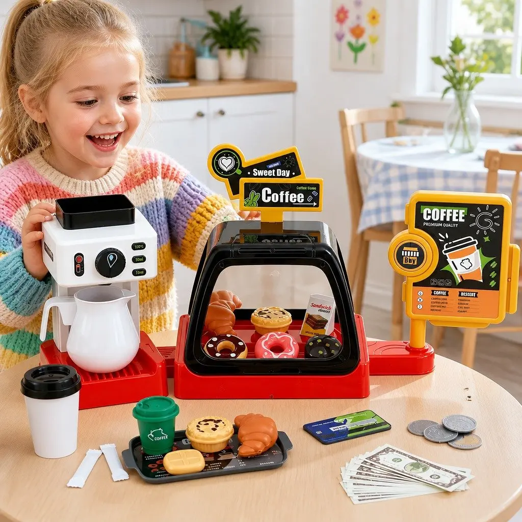 Kids Pretend Play Coffee Shop Set with Coffee Maker and Play Money
