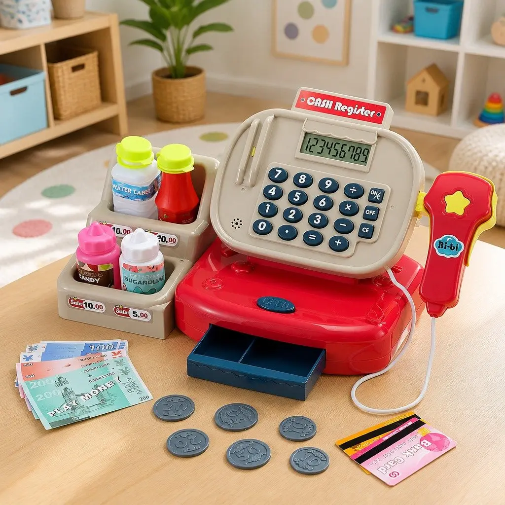 Kids Cash Register Pretend Play Set Educational Toy with Calculator and Accessories
