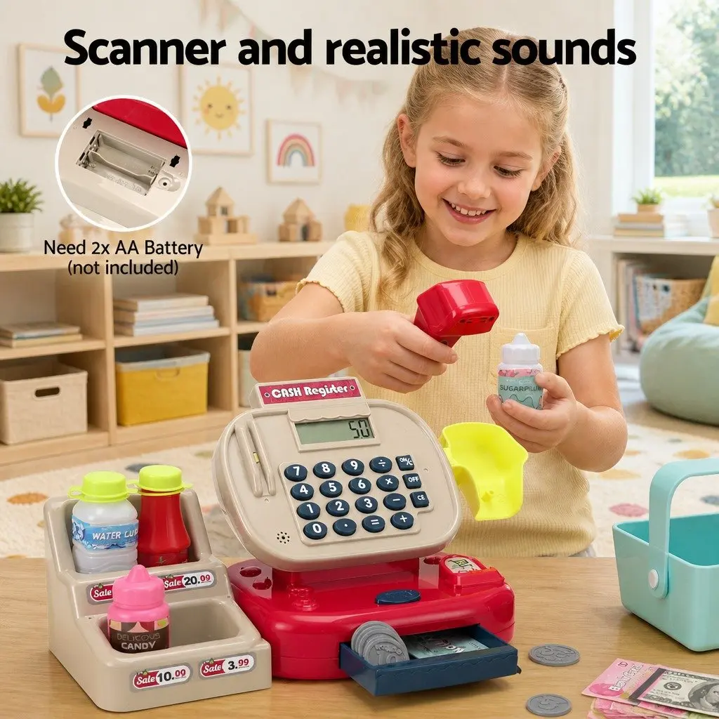 Kids Cash Register Pretend Play Set Educational Toy with Calculator and Accessories