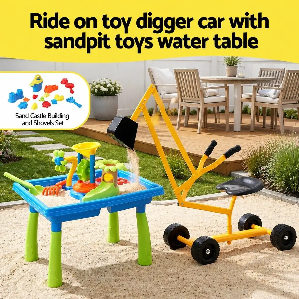 Ride On Digger Toy Set with Sand Water Table for Outdoor Play