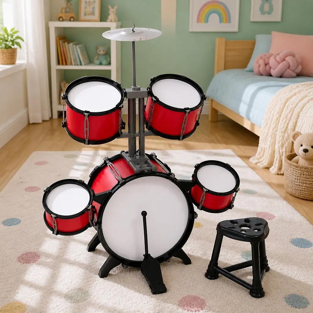 Kids 7 Piece Drum Set Red Junior Musical Instrument with Bass Drum Toms Cymbal Stool and Drumsticks