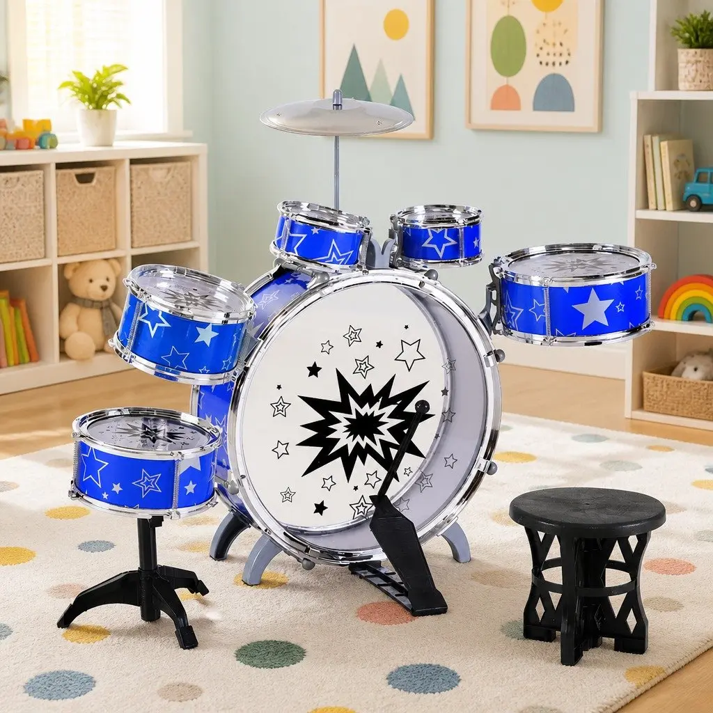 Kids 11 Piece Drum Set Blue Musical Instrument with Stool Cymbal Drumsticks