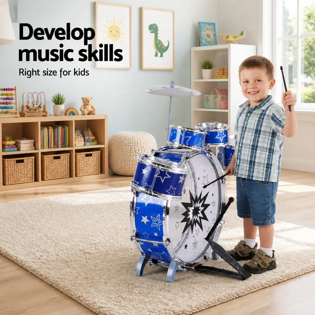 Kids 11 Piece Drum Set Blue Musical Instrument with Stool Cymbal Drumsticks