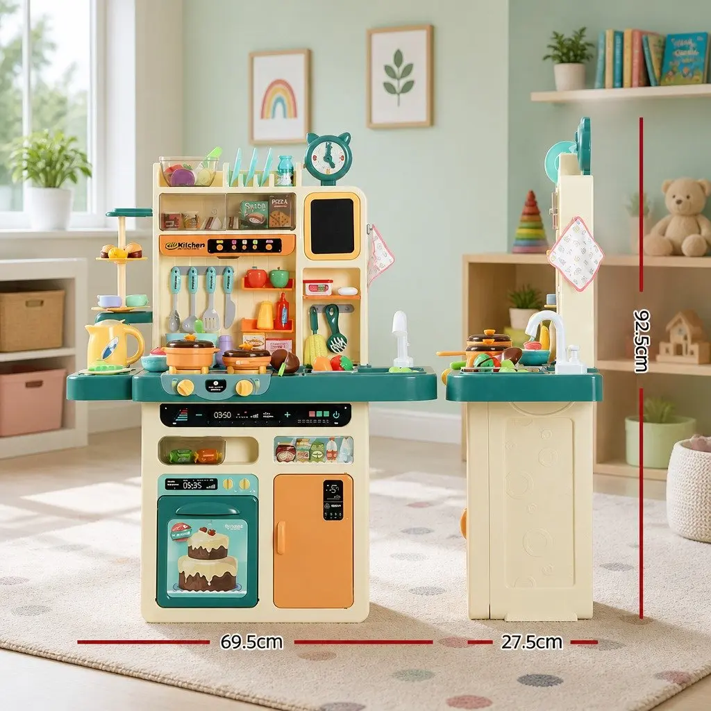 Pretend Play Kitchen Set 73 Piece Electronic Stovetop Play Sink with Running Water and Multi-Function Rangehood