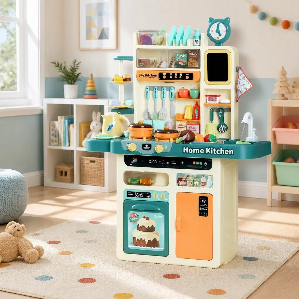 Pretend Play Kitchen Set 73 Piece Electronic Stovetop Play Sink with Running Water and Multi-Function Rangehood
