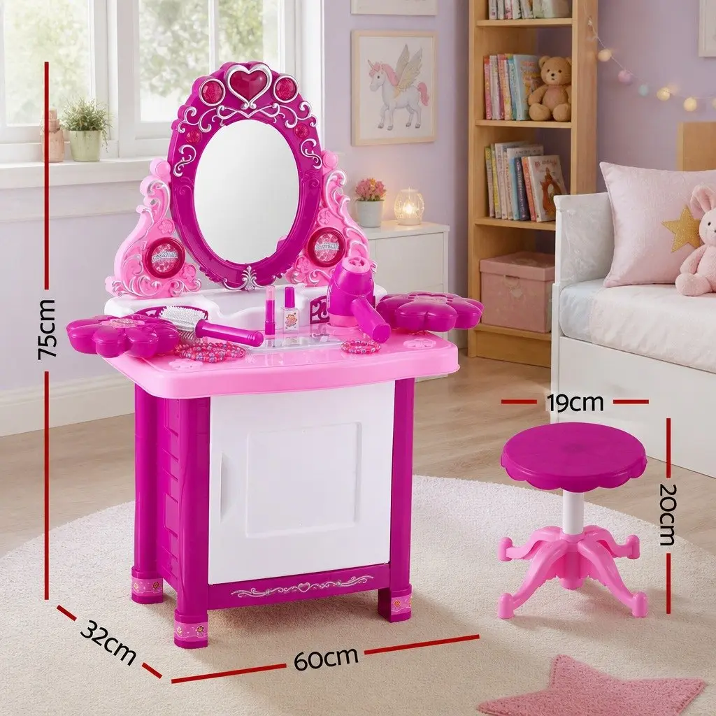 Kids Pretend Play Makeup Dressing Table Vanity Set with Chair and Accessories Pink