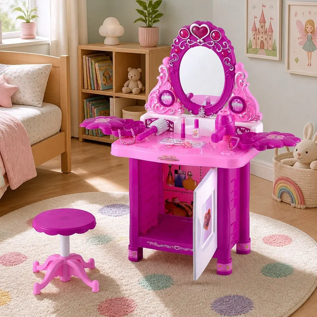 Kids Pretend Play Makeup Dressing Table Vanity Set with Chair and Accessories Pink