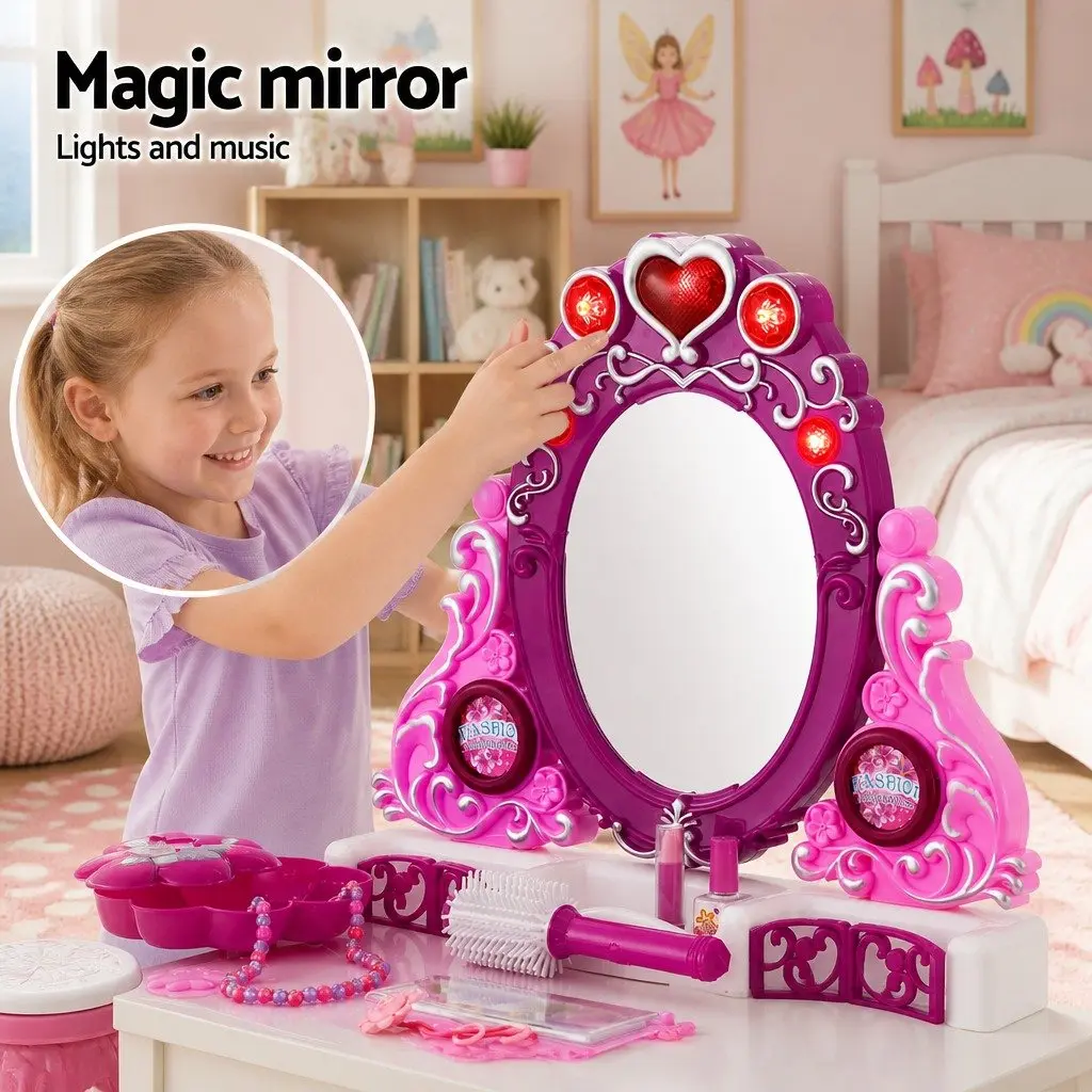 Kids Pretend Play Makeup Dressing Table Vanity Set with Chair and Accessories Pink