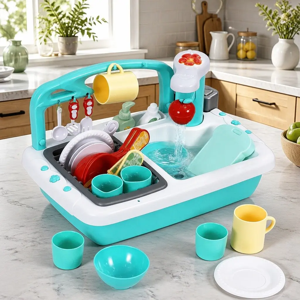 Kids Pretend Play Kitchen Sink Toy with Sensor Control Dishwasher Water Cycle