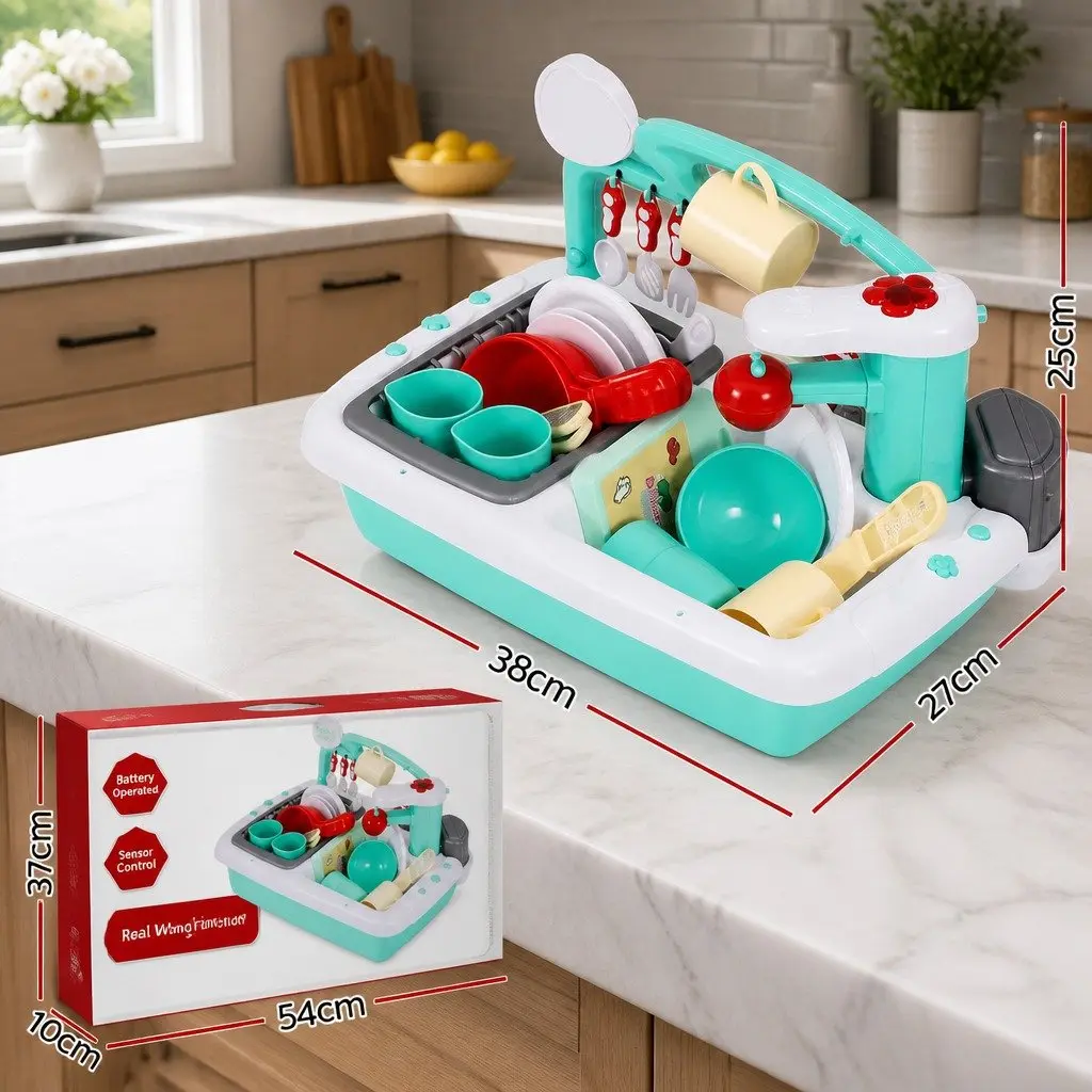 Kids Pretend Play Kitchen Sink Toy with Sensor Control Dishwasher Water Cycle