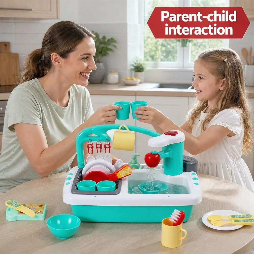 Kids Pretend Play Kitchen Sink Toy with Sensor Control Dishwasher Water Cycle