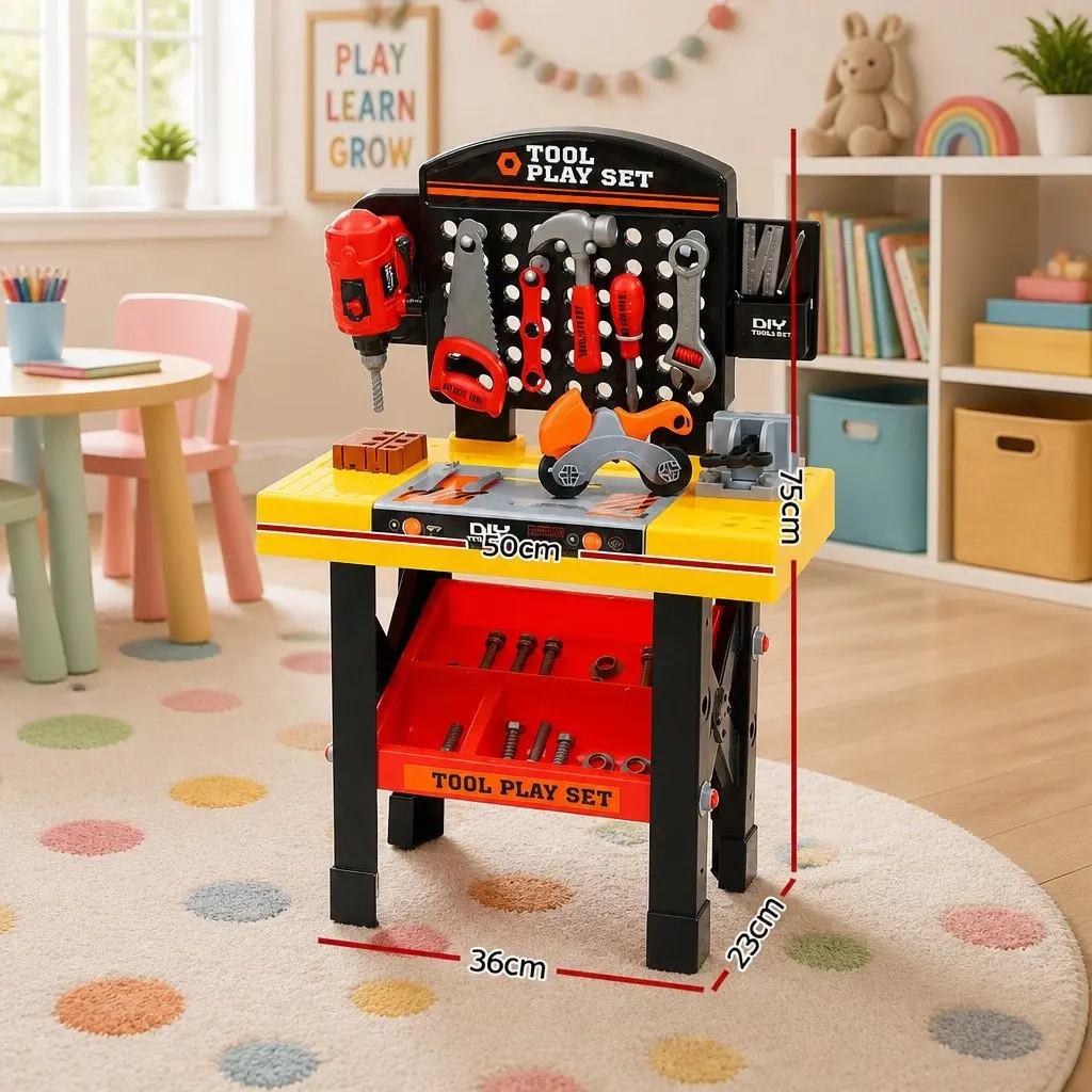 Kids Tool Set Red 54 Piece Pretend Play Workbench for Imaginative Role Playing Activities