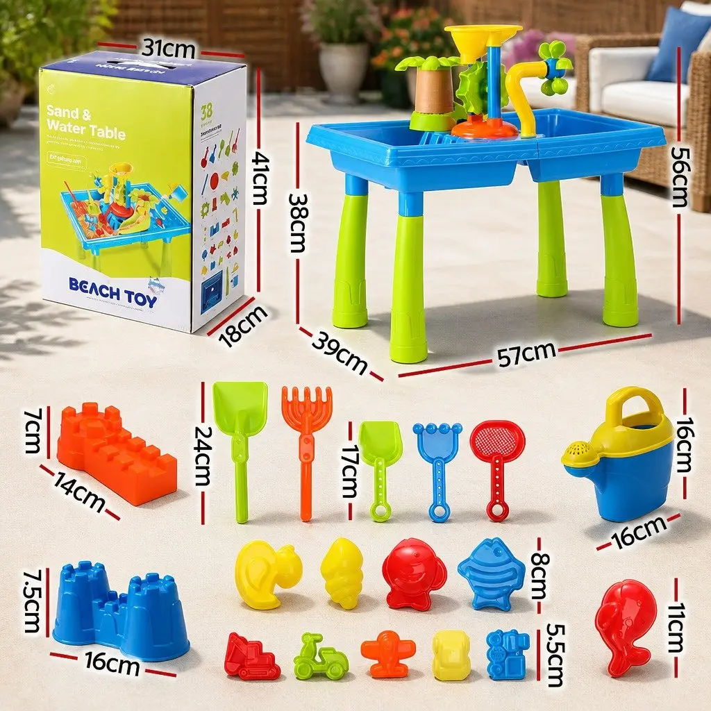 Kids Sand and Water Table Outdoor Play Equipment with Rotating Windmill Movable Waterwheel and Water Slide