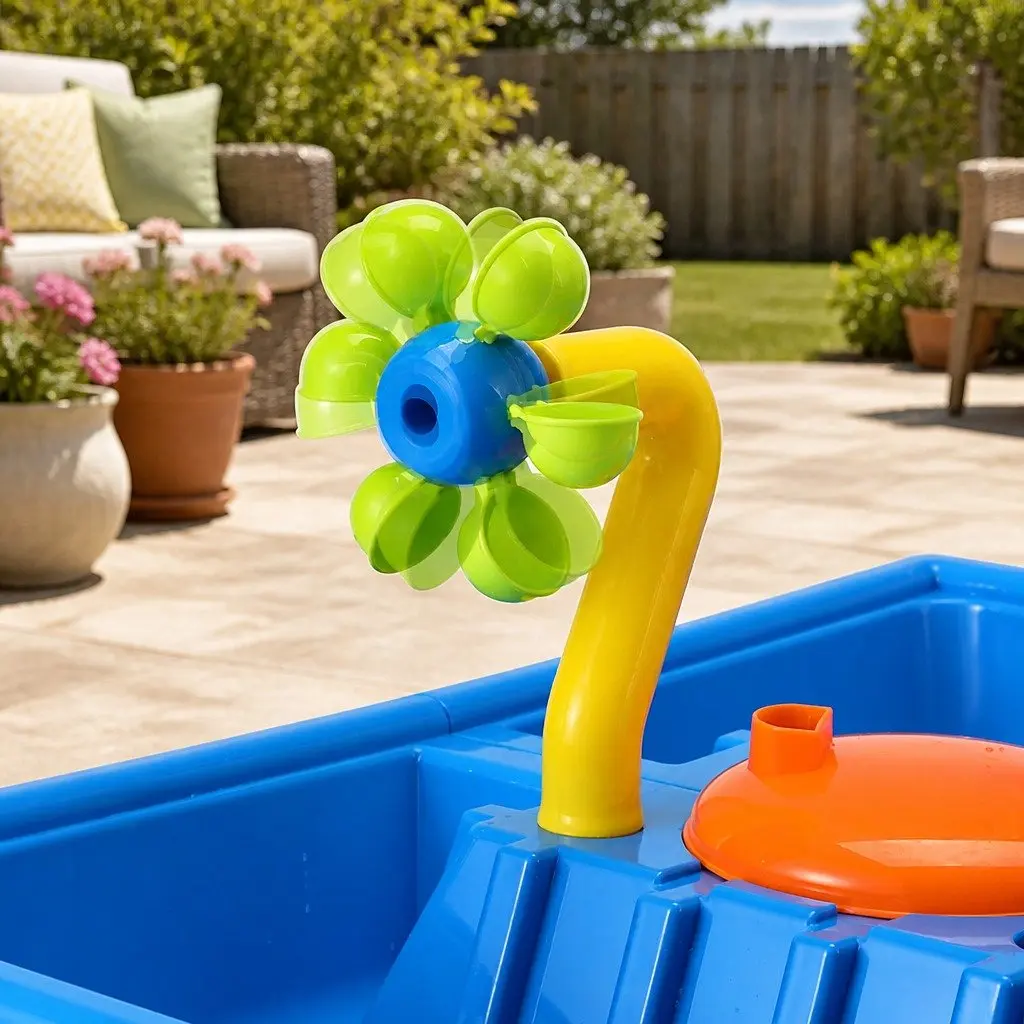 Kids Sand and Water Table Outdoor Play Equipment with Rotating Windmill Movable Waterwheel and Water Slide