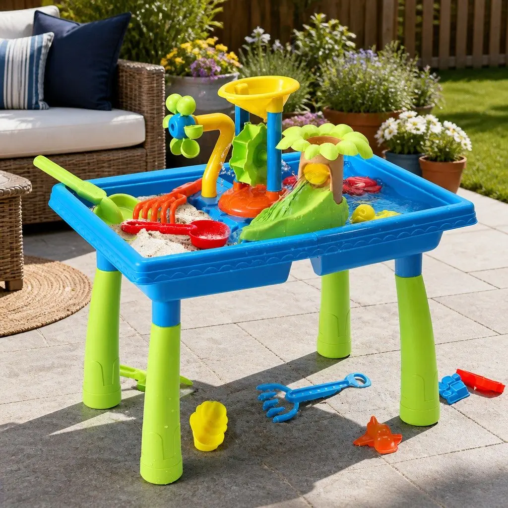 Kids Sand and Water Table Outdoor Play Equipment with Rotating Windmill Movable Waterwheel and Water Slide