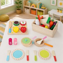 Kids Wooden Kitchen Play Set Pretend Cooking Toys 29-Piece Food Utensils Pots