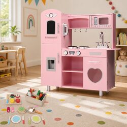 Wooden Kids Kitchen Play Set Pretend Cooking Toys Pink Multicoloured Accessories