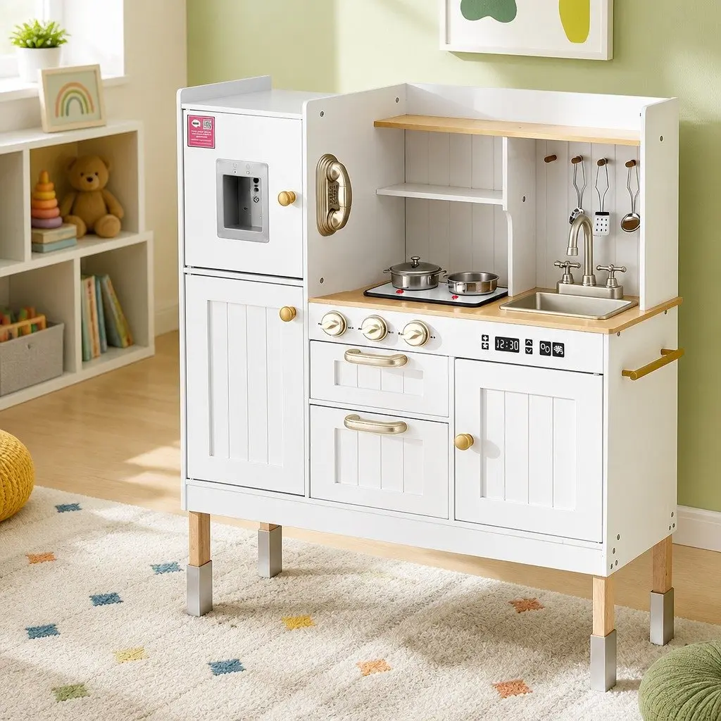 Wooden Kids Kitchen Play Set with Detachable Sink and Water Dispenser for Pretend Cooking