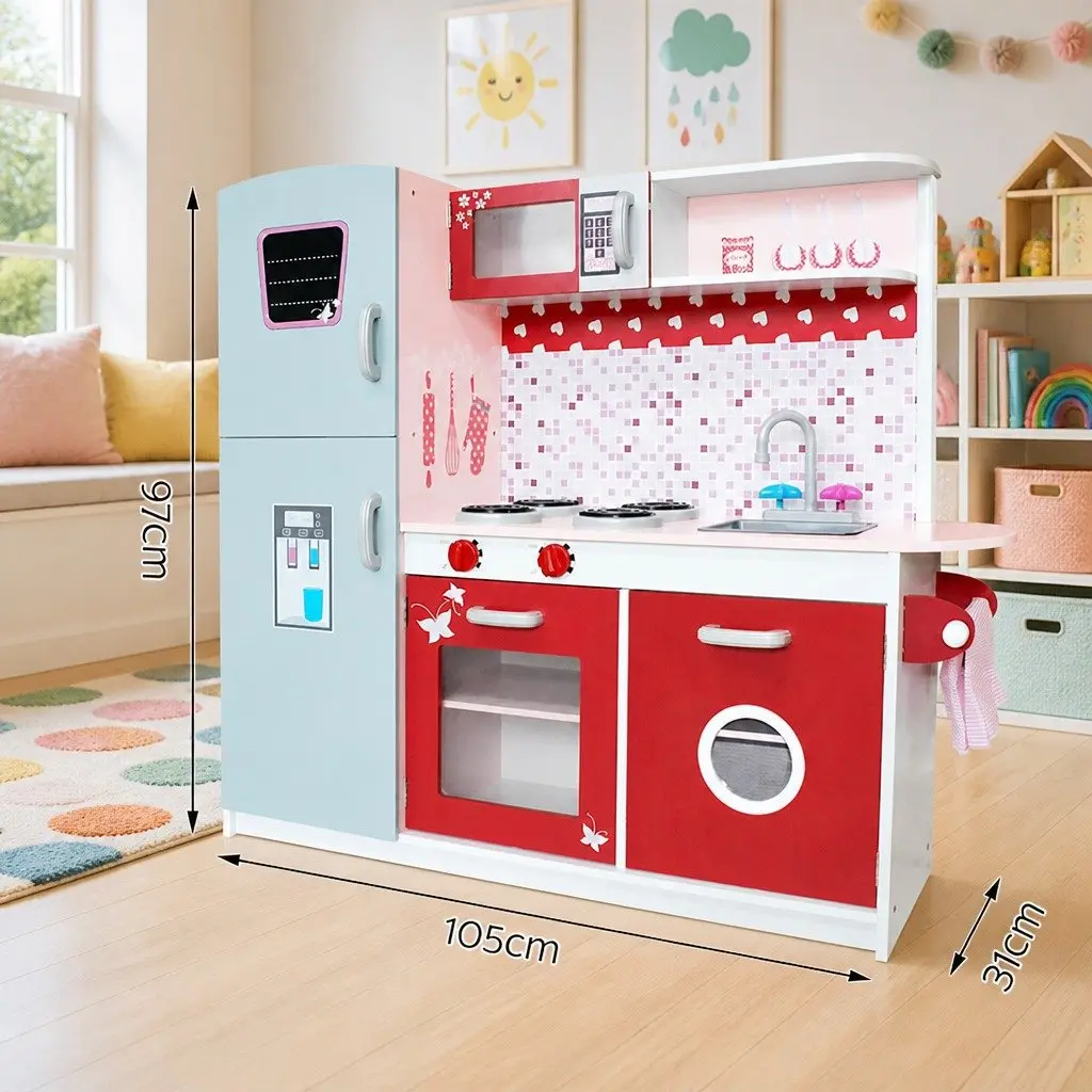 Wooden Kitchen Play Set 105 x 31 x 97 cm Pretend Cooking Toys with Realistic Appliances and Ample Storage Pink