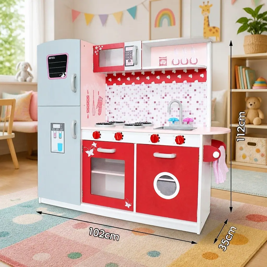 Wooden Kitchen Play Set 105 x 31 x 97 cm Pretend Cooking Toys with Realistic Appliances and Ample Storage Pink