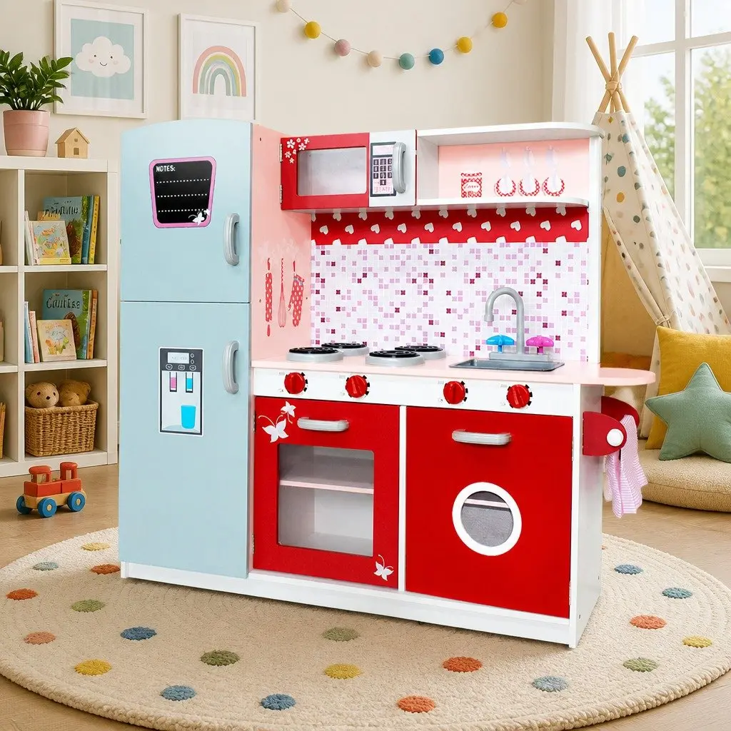 Wooden Kitchen Play Set 105 x 31 x 97 cm Pretend Cooking Toys with Realistic Appliances and Ample Storage Pink