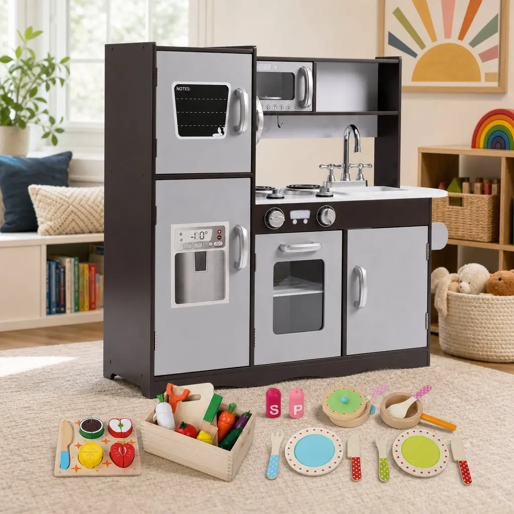 Kids Play Kitchen Pretend Toy Cooking Set With Wooden Food Accessories Storage